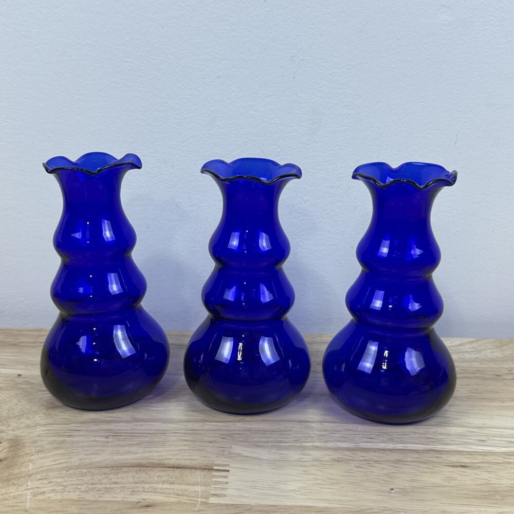 Lot Of 3 Vintage Cobalt Blue Blown Glass Bubble Decorative Vases 4.5”